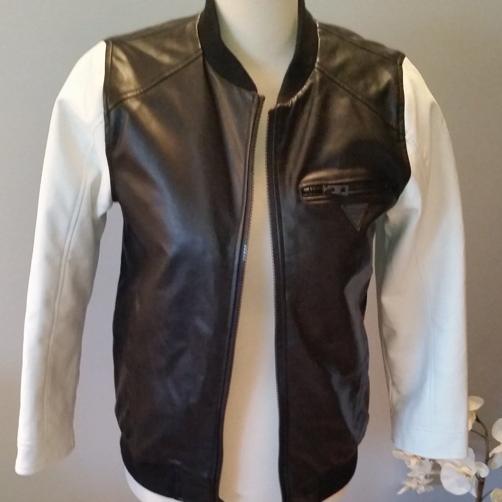 Guess faux leather biker jacket black w/white sleeves NWOT